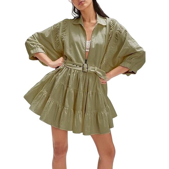 FREE PEOPLE Green Hampton Mini Dress Size L P2P 33.5” New w/o Tag MSRP $198 SOO - Picture 5 of 15
